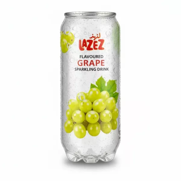 Lazez Flavoured Grape Sparkling Drink can showing green grapes and logo