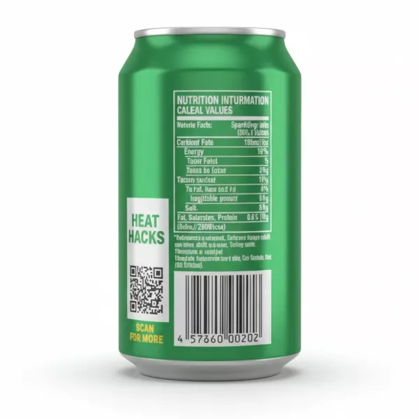 Back view of an aluminium Sprite can showing nutrition facts and barcode