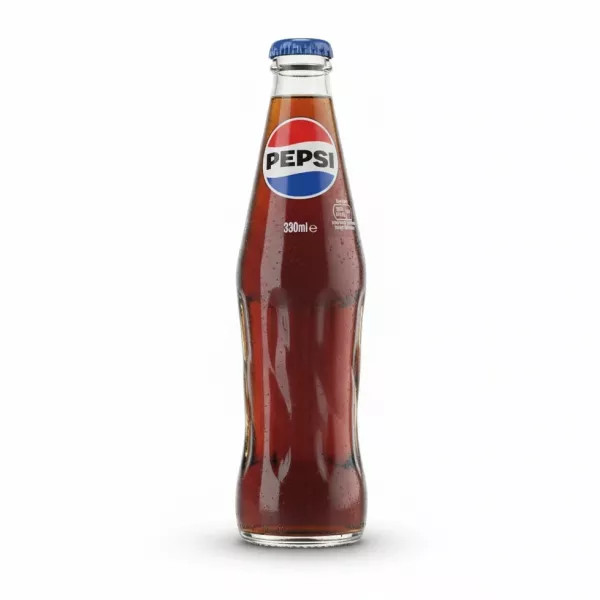 Hand holding 330ml Pepsi glass bottle front view