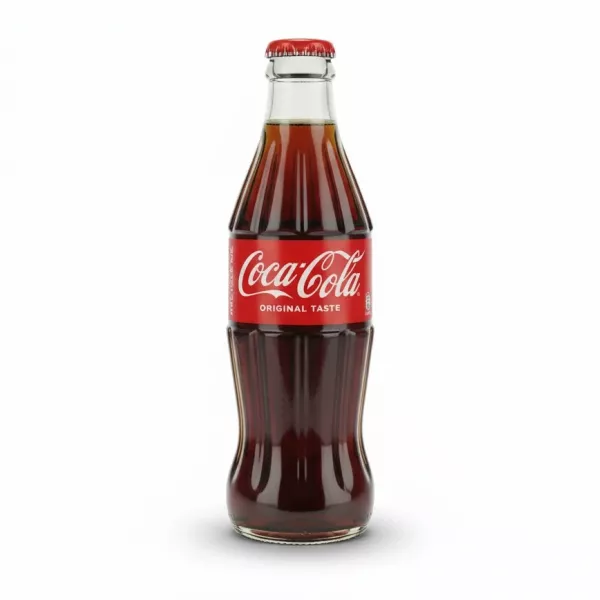 Hand holding a Coca Cola original taste 250ml glass bottle with red label