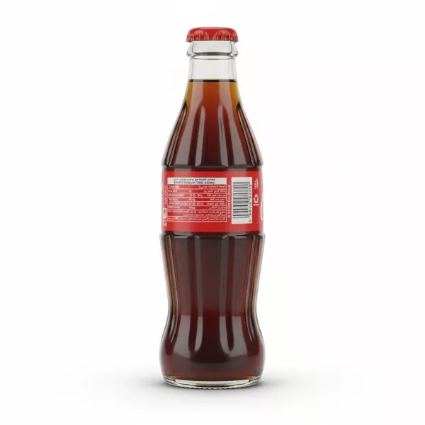 Back view of Coca Cola original taste glass bottle showing nutritional info and barcode