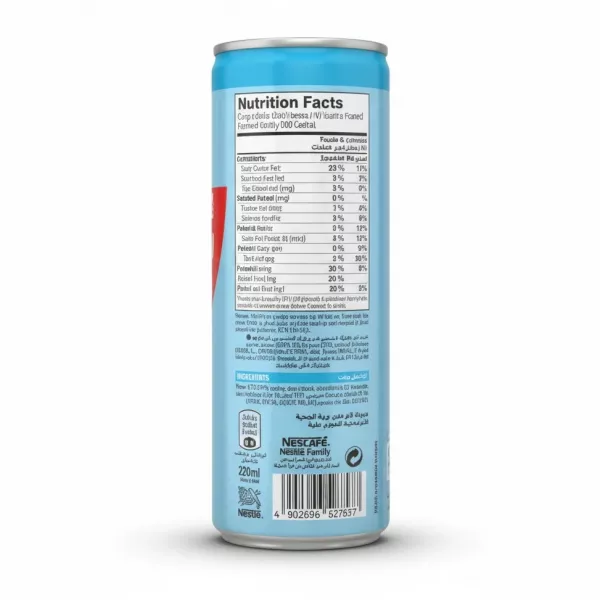 Back side of Nescafe coffee can showing ingredients and nutrition facts