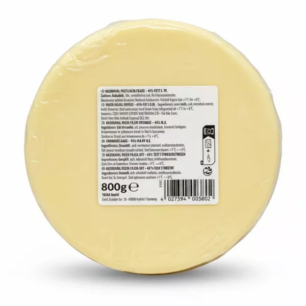 Yayla Kashkaval Pasta Filata Cheese wheel back view with ingredients and barcode