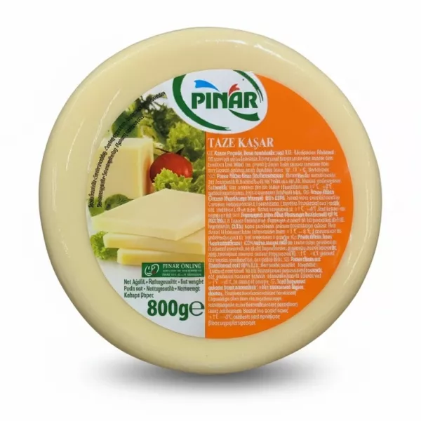 Top label view of Pinar Taze Kaşar cheese wrapped in plastic