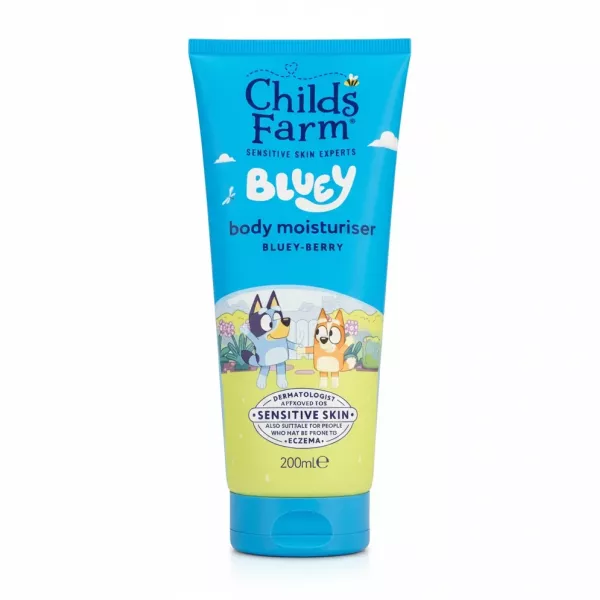 Tube of Childs Farm Bluey Bluey-Berry body moisturiser on a white background