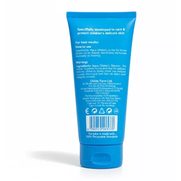 Back of Childs Farm Bluey Bluey-Berry body moisturiser tube showing ingredients