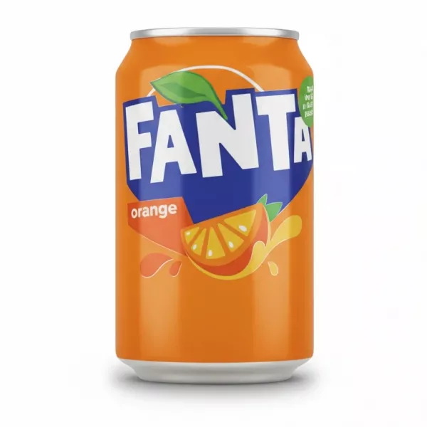 Fanta Orange can held in hand showing front label