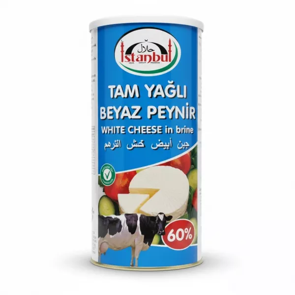 Container of Istanbul brand full-fat white cheese in brine showing front label