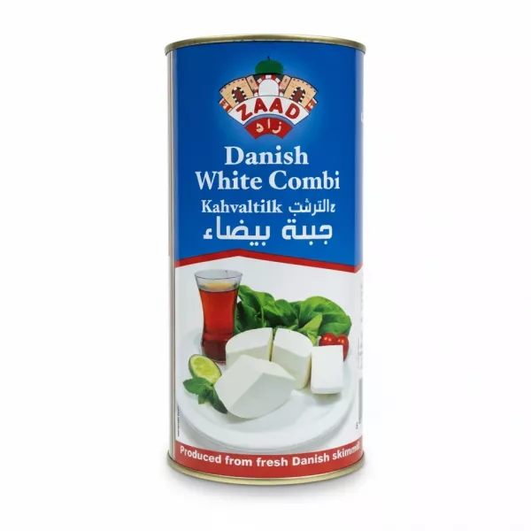 Can of Zaad Danish White Cheese Combi with product label and price sticker