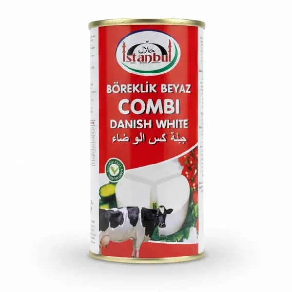 Istanbul Danish White Cheese Combi can with red label featuring cow and cheese images