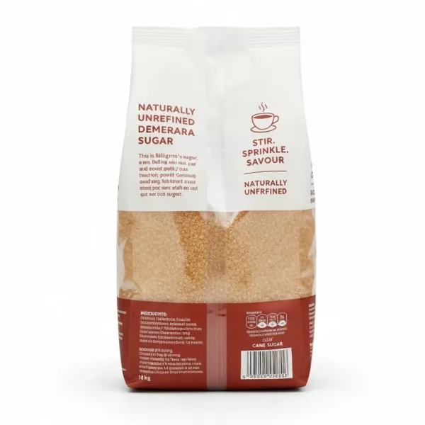 Billington's Demerara sugar 1kg bag back view with product information