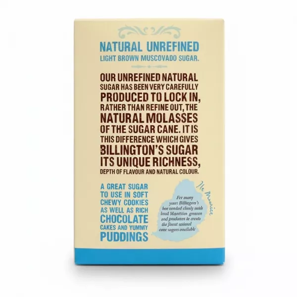 Back of Billington's Light Muscovado box with product description and usage tips