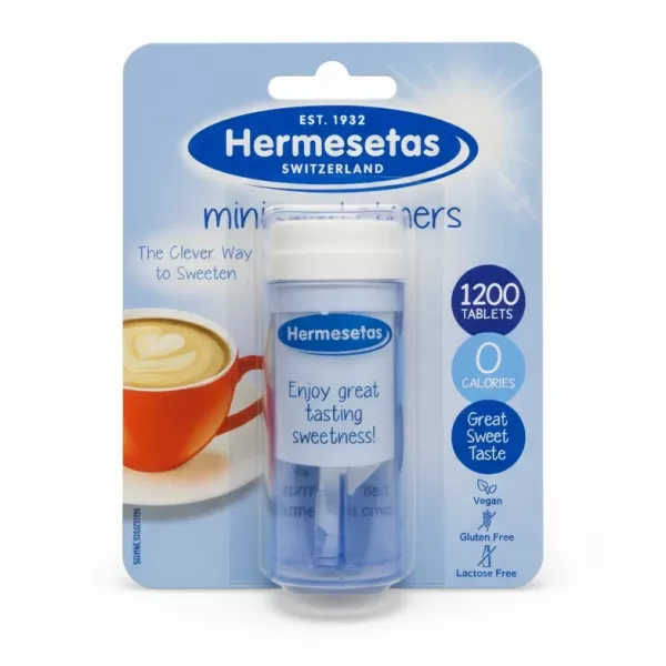 Hermesetas mini sweetener tablet dispenser in packaging showing brand and benefits