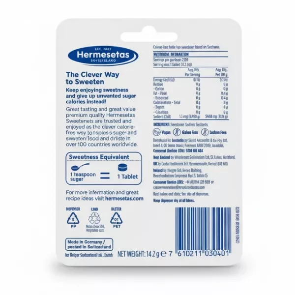 Back of Hermesetas sweetener packaging with nutritional information and ingredients