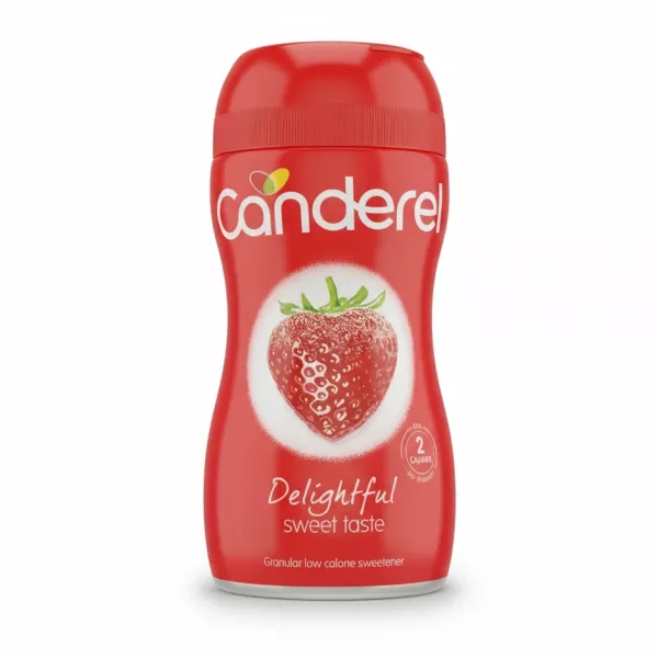 Red plastic container of Canderel Granules sweetener with strawberry image on label