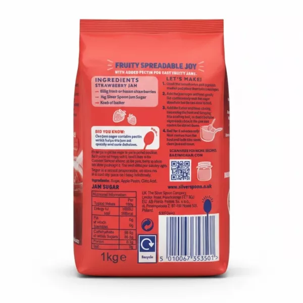 Silver Spoon jam sugar pack back with ingredients and barcode