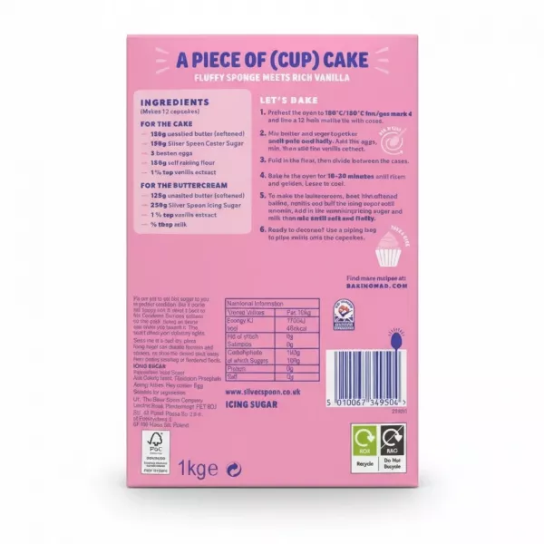 Back of Silver Spoon Icing Sugar box with ingredients and baking instructions