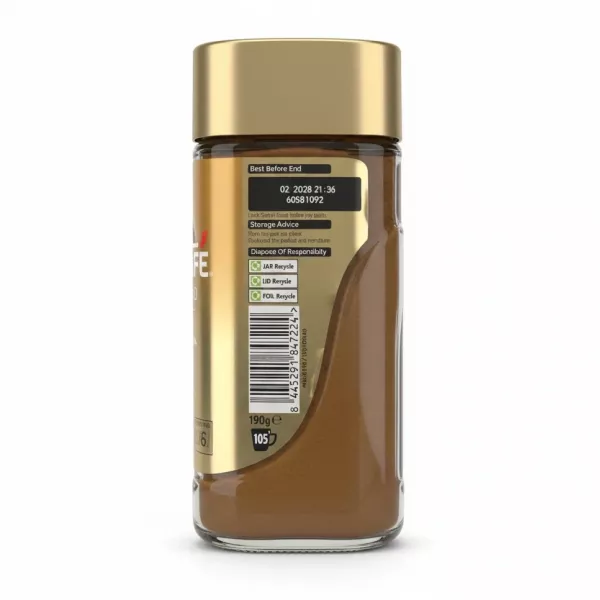 Back label of Nescafe Gold Blend Smooth coffee jar showing storage and barcode