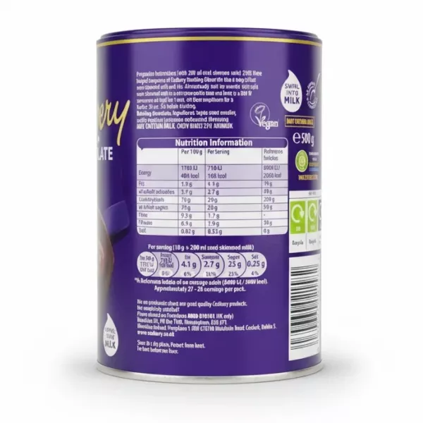 Nutrition and preparation information on Cadbury Hot Chocolate tin