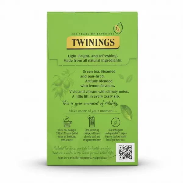 Twinings Lemon Green Tea box back with brewing instructions