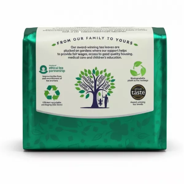 Back label of Thompson's Irish Breakfast Tea with ethical and sustainability icons