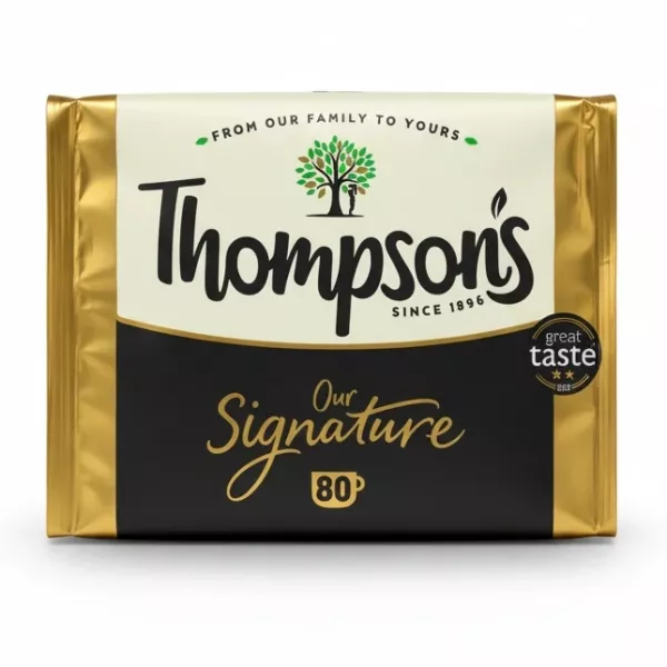 Thompson's Signature Black Tea gold and black foil pack with logo