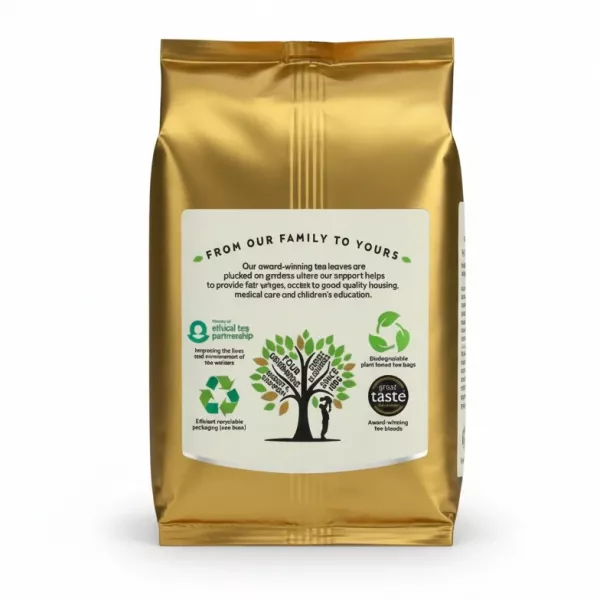Back of Thompson's tea pack showing sustainability icons and ethical sourcing details