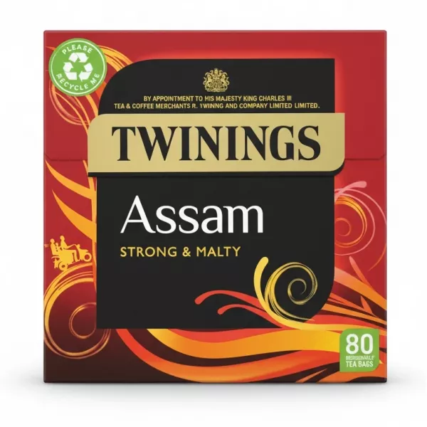 Twinings Assam black tea box front view with bold and malty flavour label
