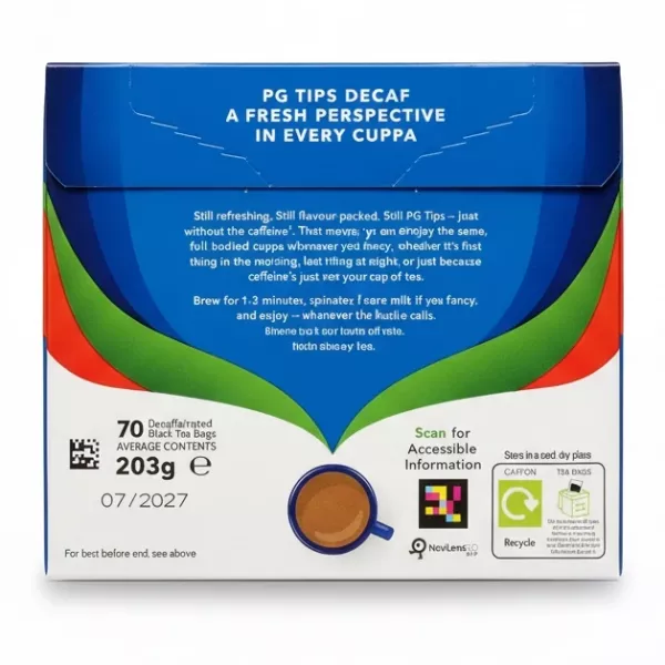 Back of PG Tips Decaf tea box showing product info and contents