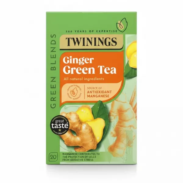 Twinings Ginger Green Tea box showing ginger root illustration and product label