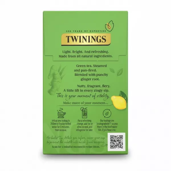 Back of Twinings Ginger Green Tea box with brewing instructions and product details