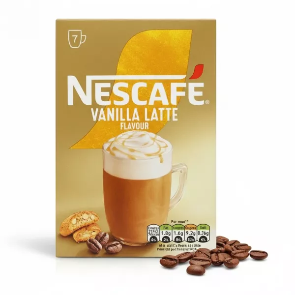 NESCAFÉ Vanilla Latte flavour instant coffee box with cup of latte and coffee beans