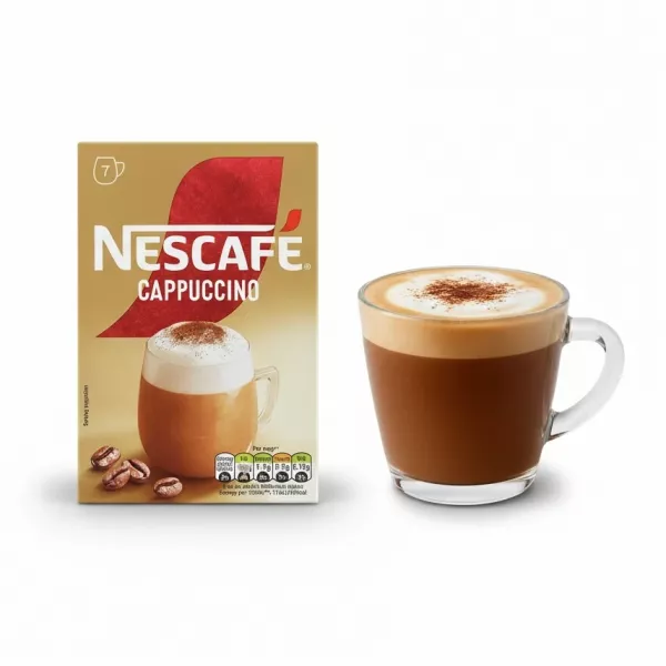 Nescafe Cappuccino instant coffee box with cup of cappuccino