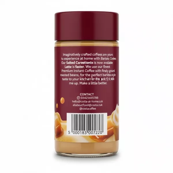 Costa Coffee Barista Creations Salted Caramel Latte jar back with contact and barcode