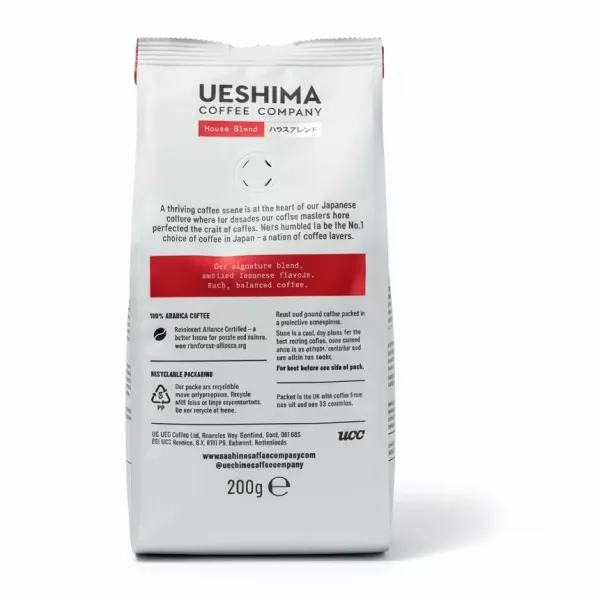 Pack of Ueshima House Blend ground coffee back with product info