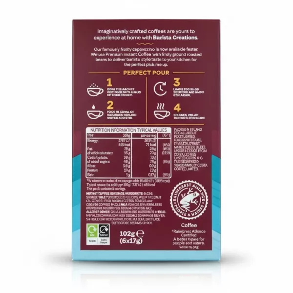 Costa Coffee Barista Creations Creamy Cappuccino box back with instructions and nutrition