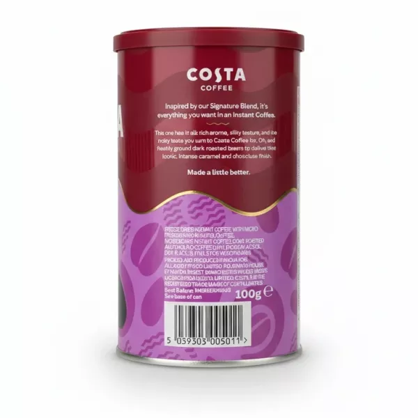Back view with product description and ingredients on Costa Coffee Intense Dark Roast