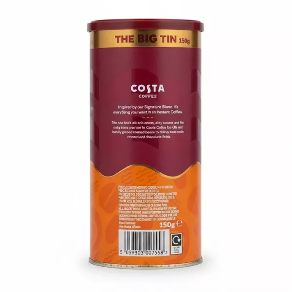 Costa Coffee Smooth Medium Roast instant coffee big tin back view with ingredients and barcode