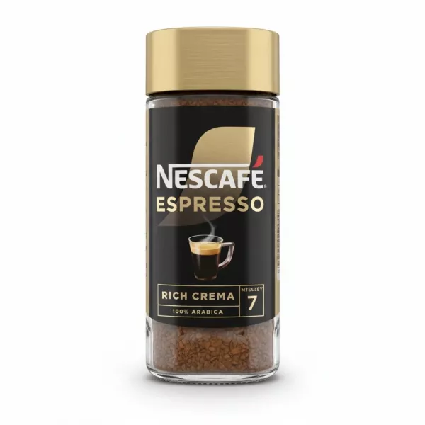 Glass jar of Nescafe Espresso Rich Crema instant coffee with gold lid