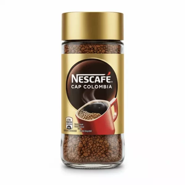 Side view of glass jar with coffee granules and product label of Nescafe Cap Colombia