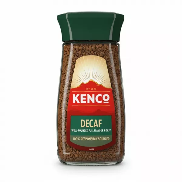 Kenco Decaf Instant Coffee 200g jar with green lid front view