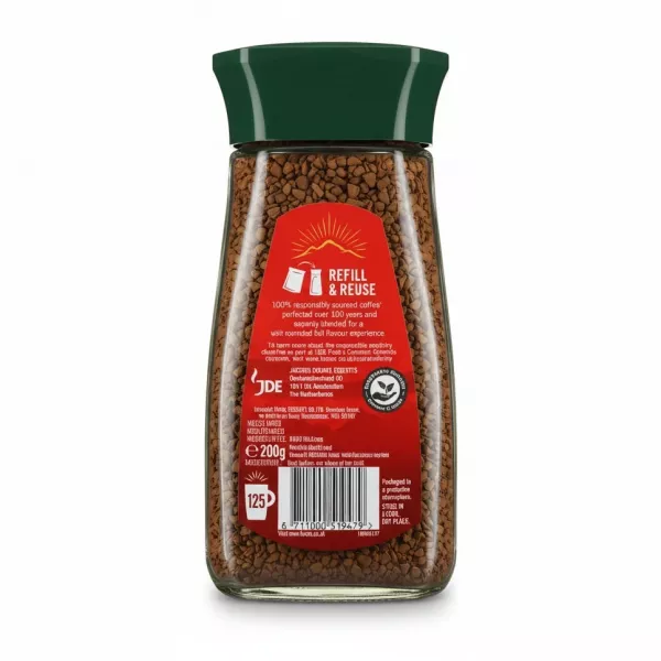 Back label of Kenco Decaf Instant Coffee jar showing sourcing and storage info