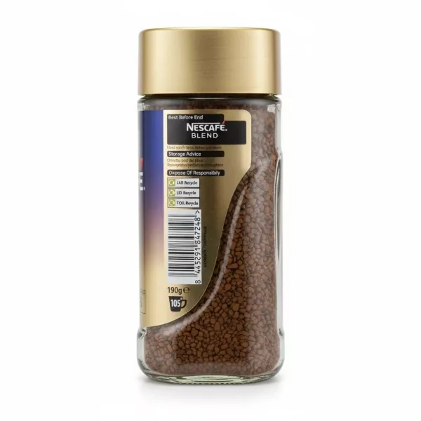 Nescafe Gold Blend Decaf instant coffee jar back with barcode and recycling info