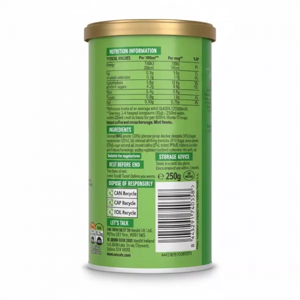 Nescafé Peppermint Mocha Instant Coffee tin nutrition and ingredients label on a white background
