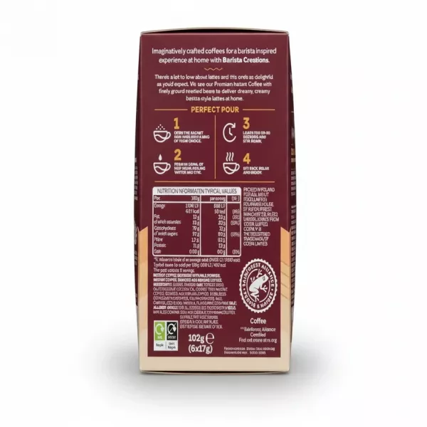 Nutritional information and preparation instructions on Costa Coffee Barista Creations Latte pack