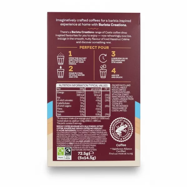 Costa Coffee Barista Creations Iced Hazelnut Crème nutrition and ingredients info on packaging