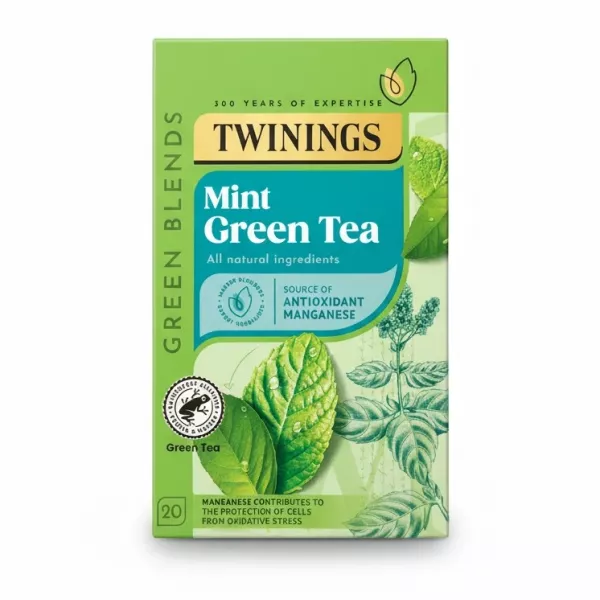 Twinings Mint Green Tea box front with green leaves illustration