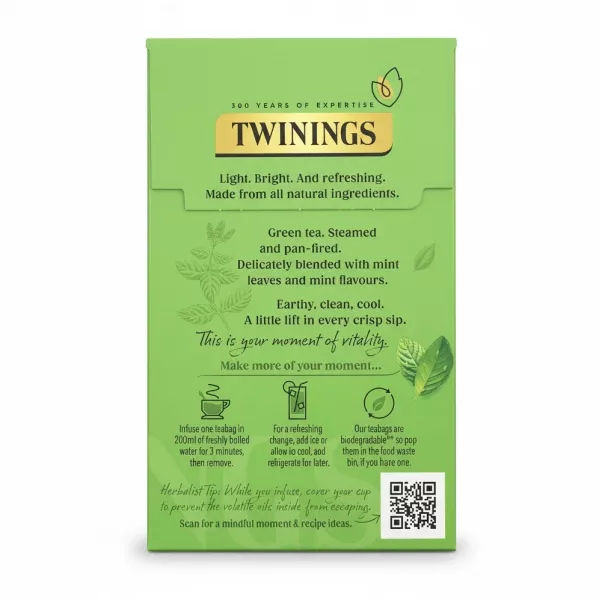 Back of Twinings Mint Green Tea box showing product description and brewing instructions