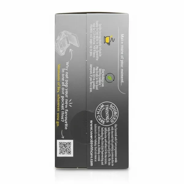 Side view showing biodegradable and care commitment of Twinings chai tea