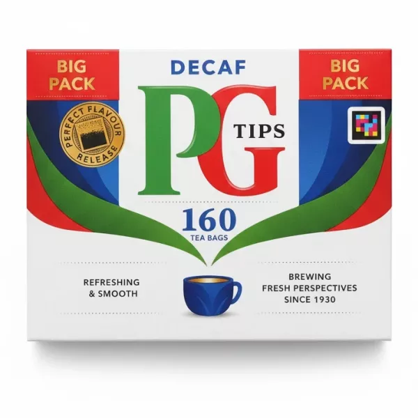PG Tips Decaf tea big pack box front with 160 tea bags